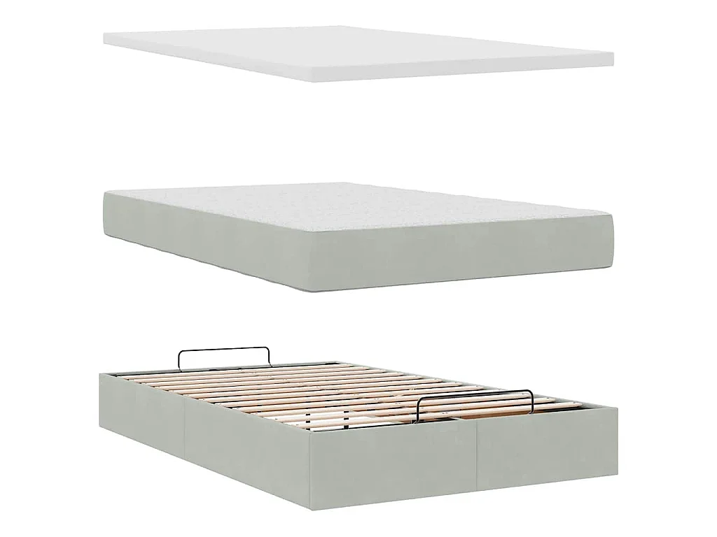 Estructura cama otomana colchón terciopelo gris claro 120x200cm