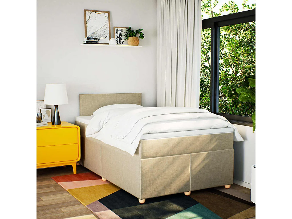 Cama box spring con colchón tela color crema 120x200 cm