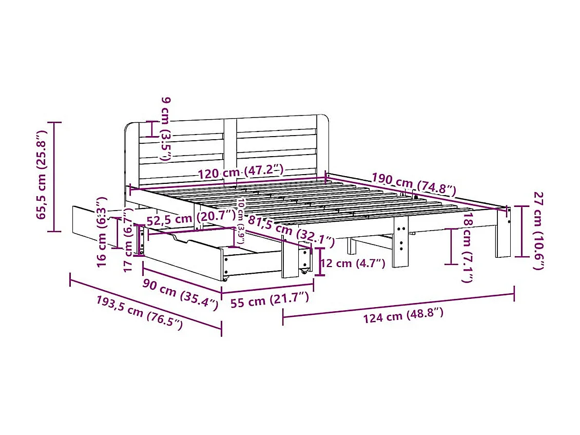 Cadre de lit sans matelas 120x190 cm bois de pin massif