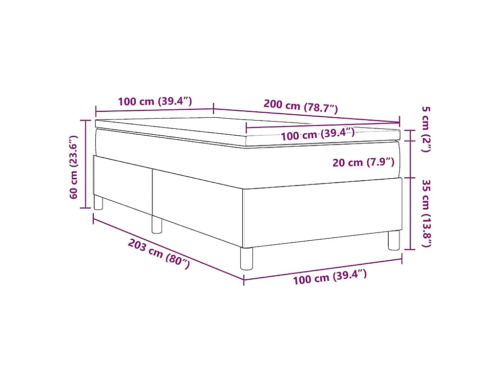 Letto a molle Grigio Scuro e Bianco 100 x 200 cm