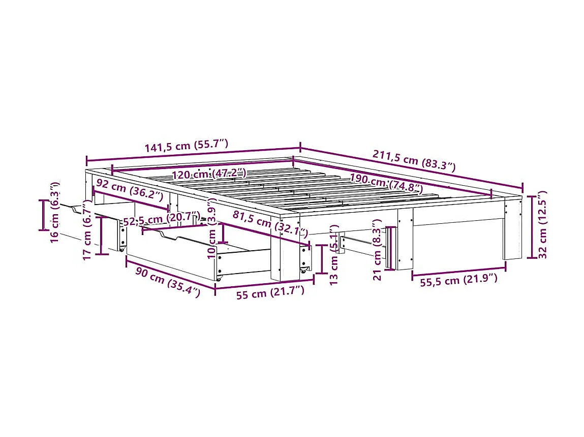 Cadre de lit sans matelas 120x190 cm bois de pin massif