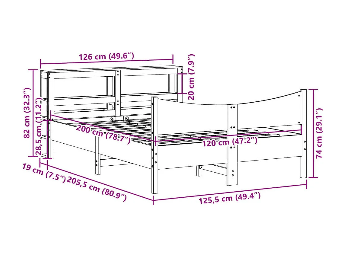 Estructura cama con cabecero madera pino marrón cera 120x200 cm
