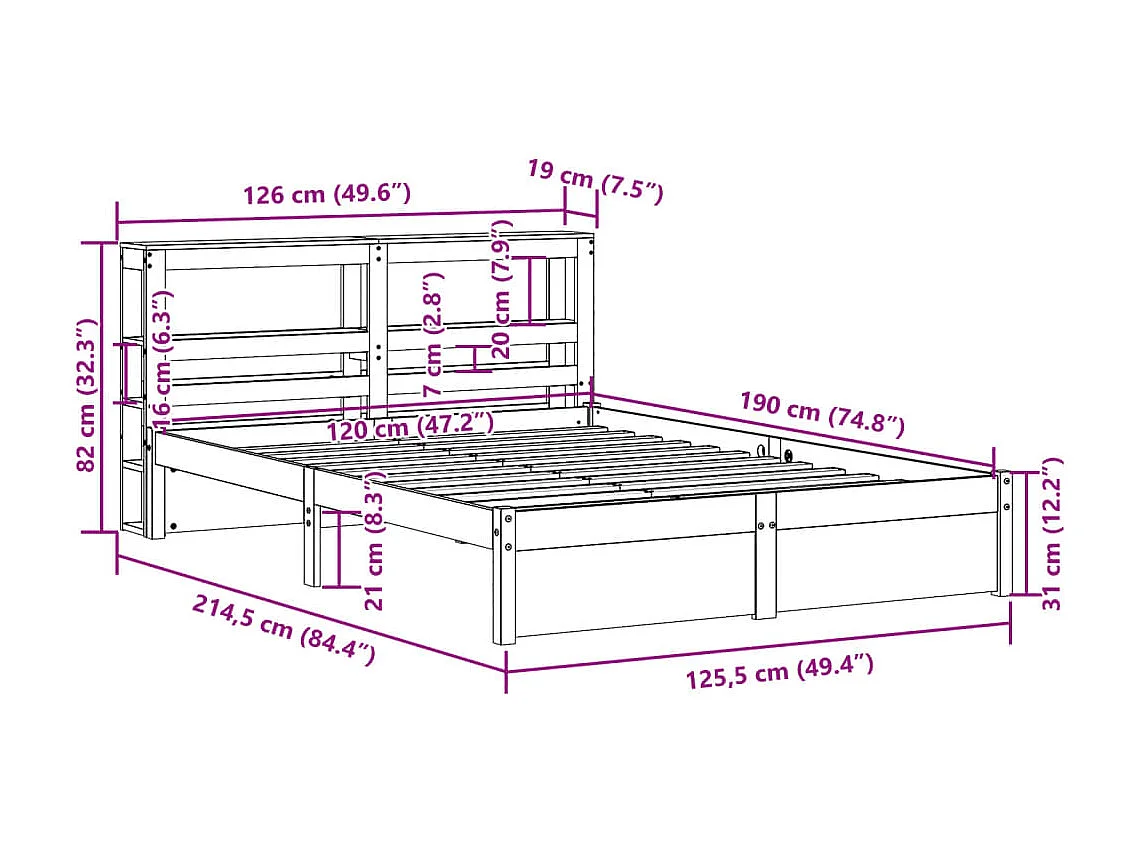 Estrutura cama c/ cabeceira 120x190 cm pinho maciço