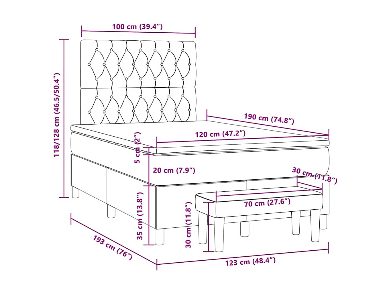 Cama box spring con colchón tela azul 120x190 cm