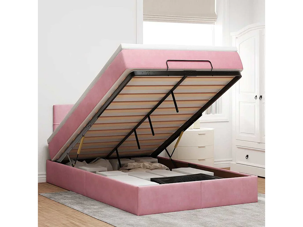 Lit ottoman avec matelas rose 120x190 cm velours
