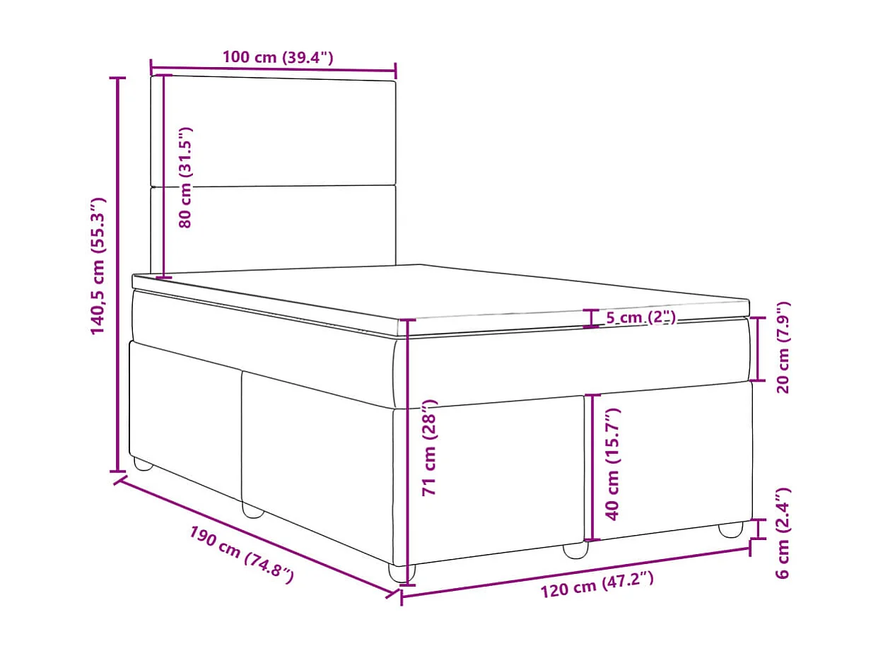 Cama box spring con colchón tela azul 120x190 cm