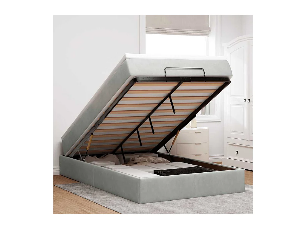 Cadre de lit ottoman et matelas gris clair 120x200 cm velours