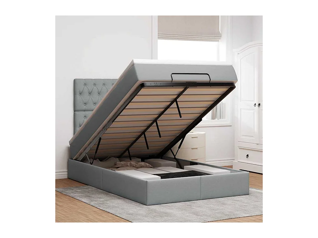 Ottoman-Bett mit Matratze & LEDs Hellgrau 120x190 cm Stoff