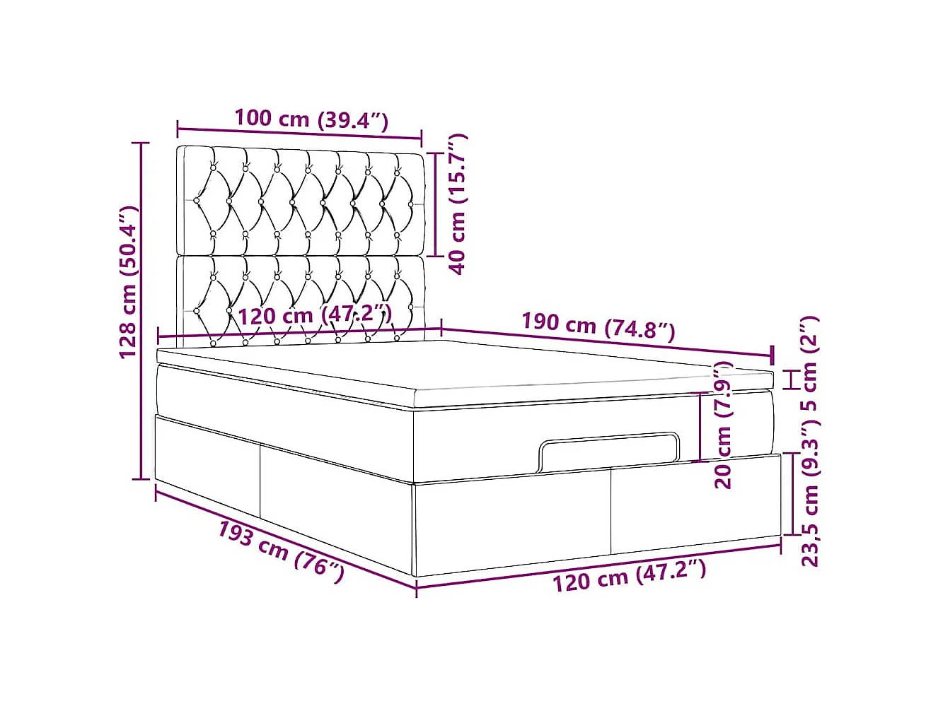 Ottoman bed met matras en LED's 120x190 cm stof lichtgrijs