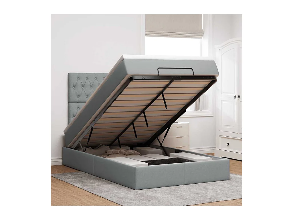 Cadre de lit ottoman et matelas gris clair 120x200 cm tissu