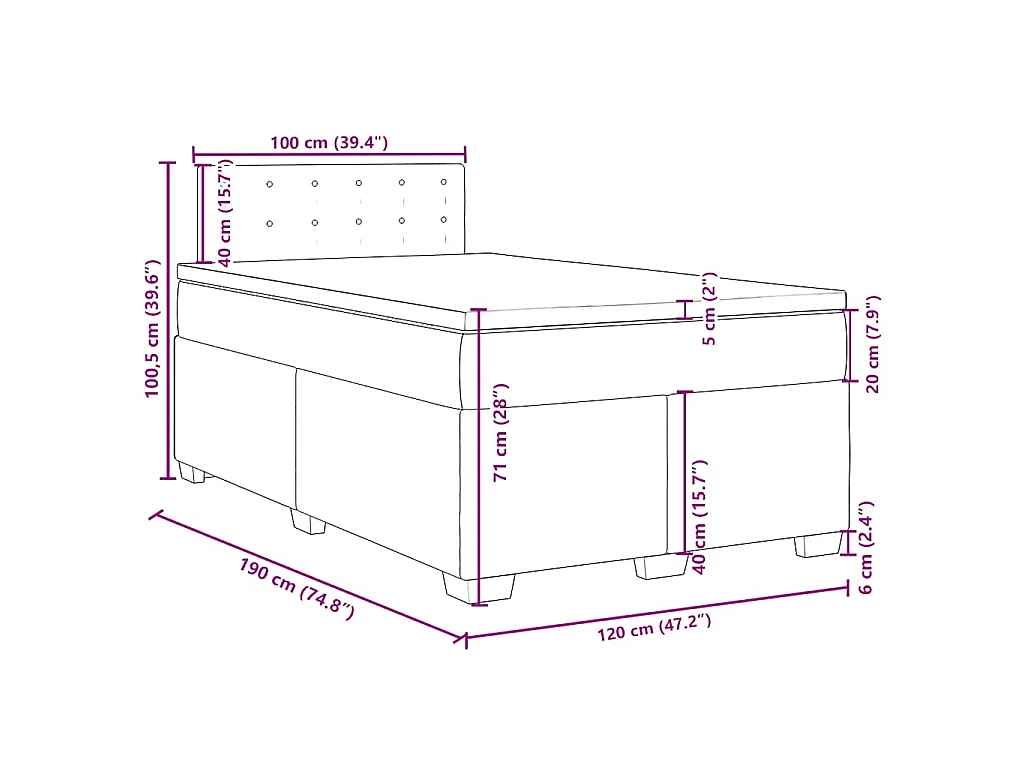 Cama box spring con colchón terciopelo azul oscuro 120x190 cm