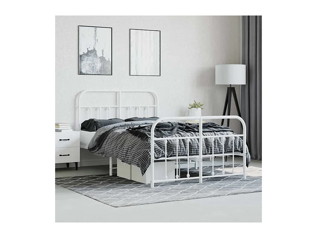 Cadre de lit métal sans matelas et pied de lit blanc 120x200 cm