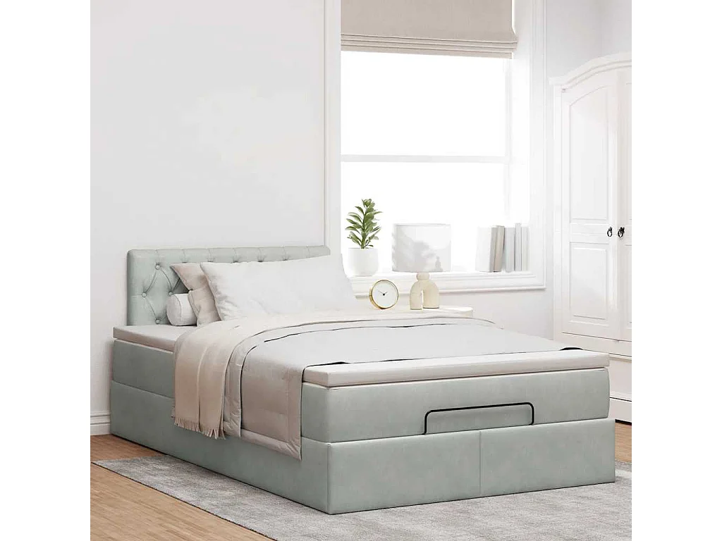 Estructura cama otomana colchón terciopelo gris claro 120x200cm