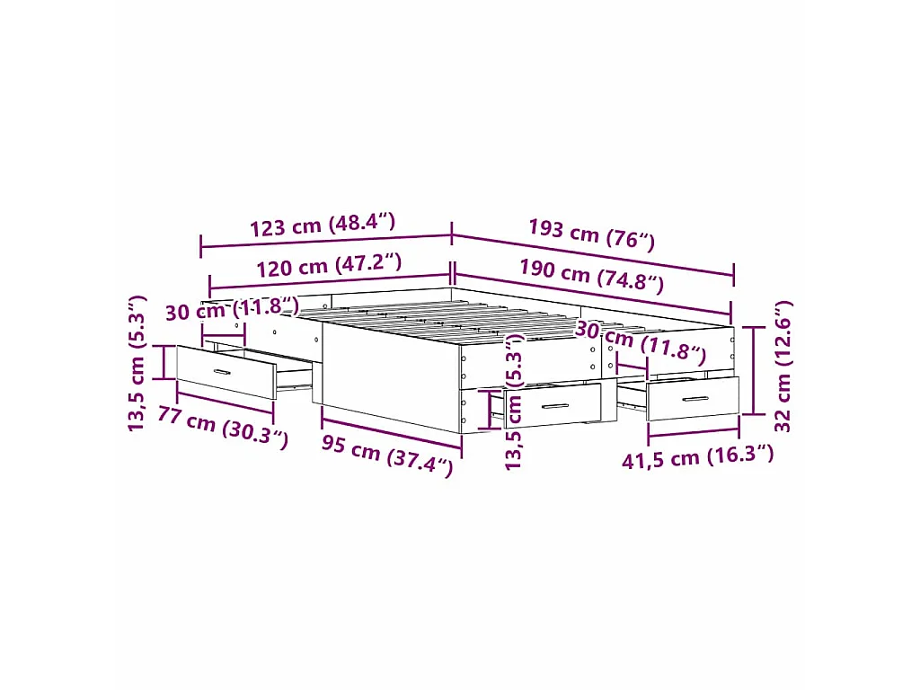 Bedframe met lade met opslag Oud Hout 120 x 190 cm Bewerkt hout