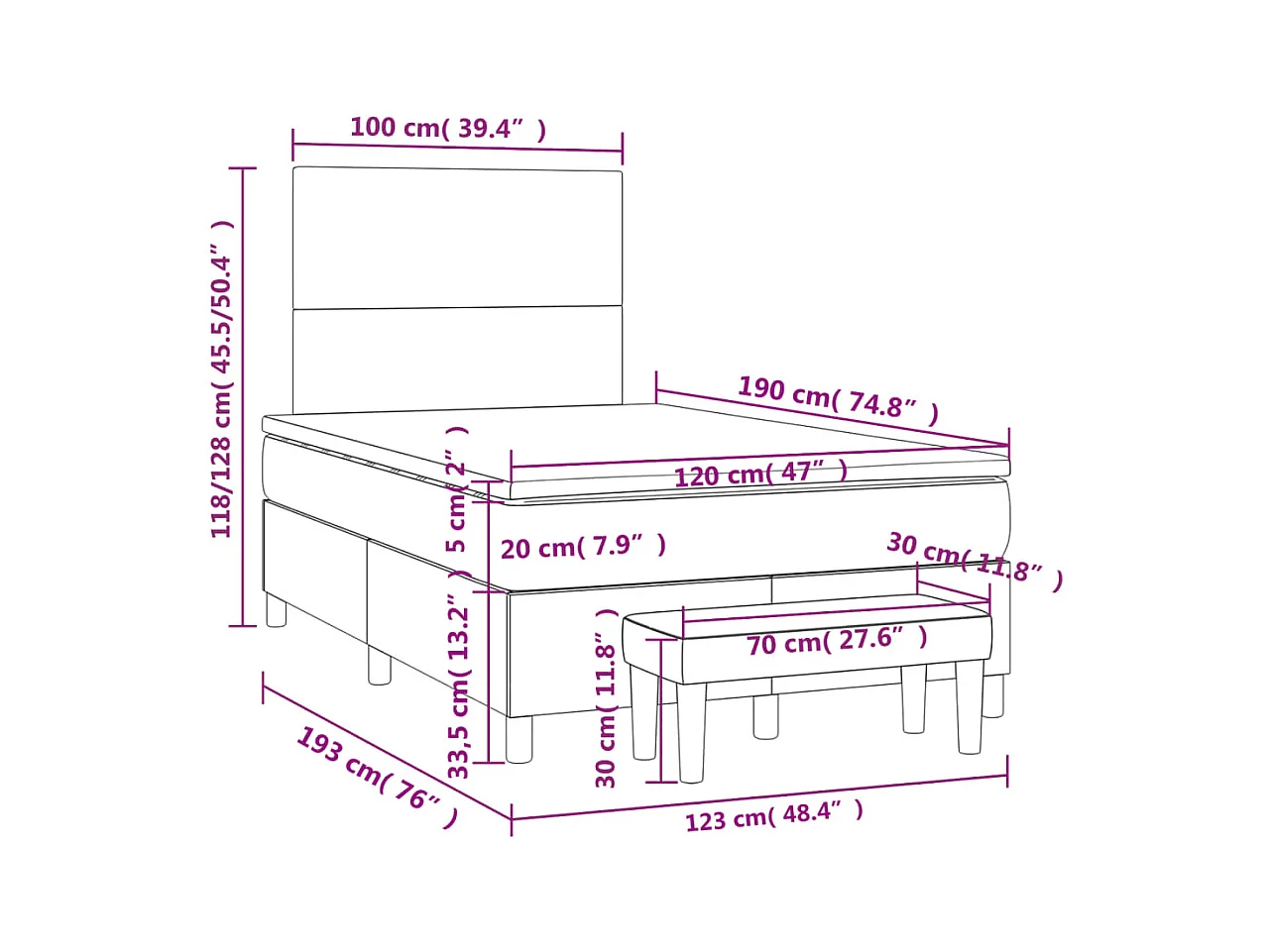 Sommier à lattes de lit et matelas bleu foncé 120x190cm velours