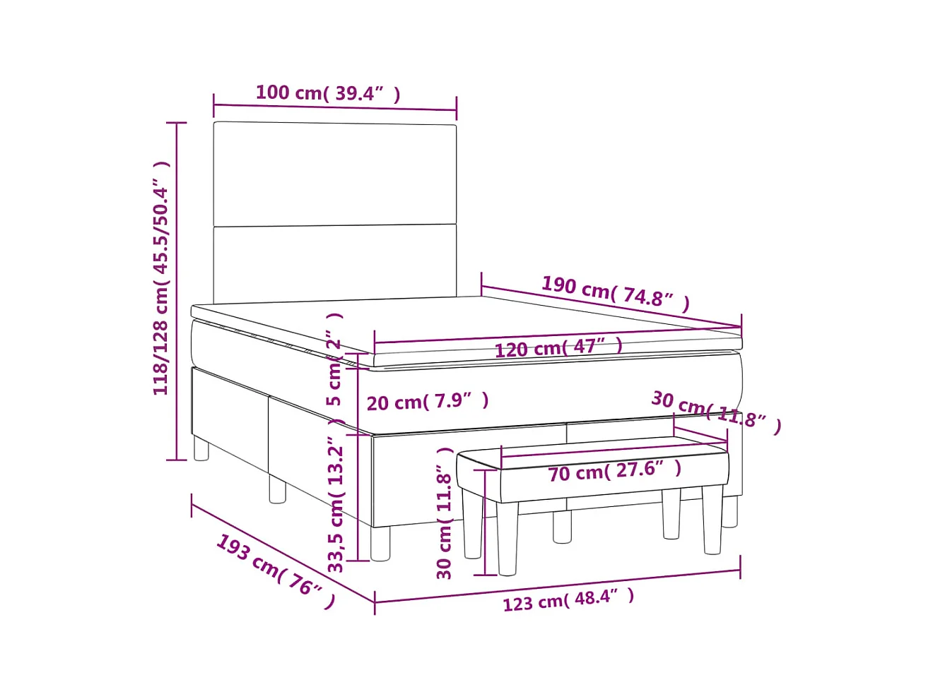 Sommier à lattes de lit et matelas bleu foncé 120x190cm velours