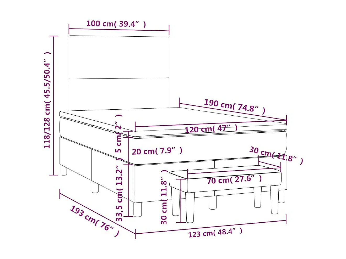 Sommier à lattes de lit et matelas bleu foncé 120x190cm velours