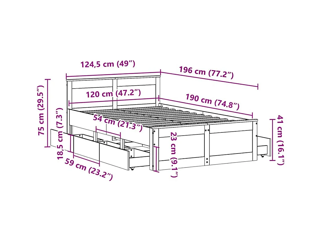 Cama con cabecero sin colchón madera maciza de pino 120x190 cm