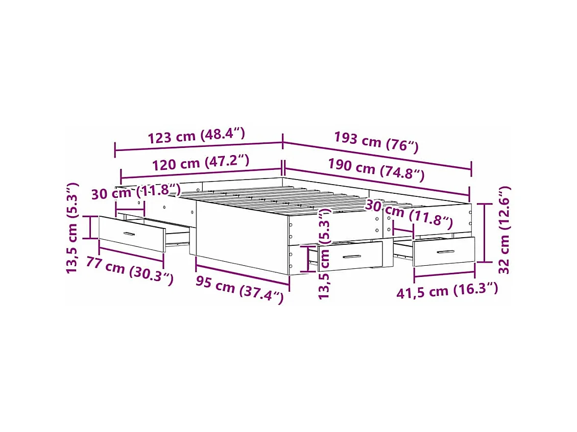 Telaio del letto con cassetti Rovere nero 120 x 190 cm