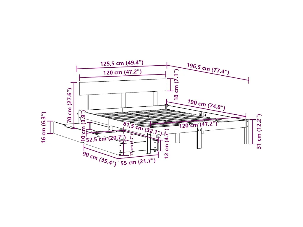 Cadre de lit sans matelas blanc 120x190 cm bois de pin massif