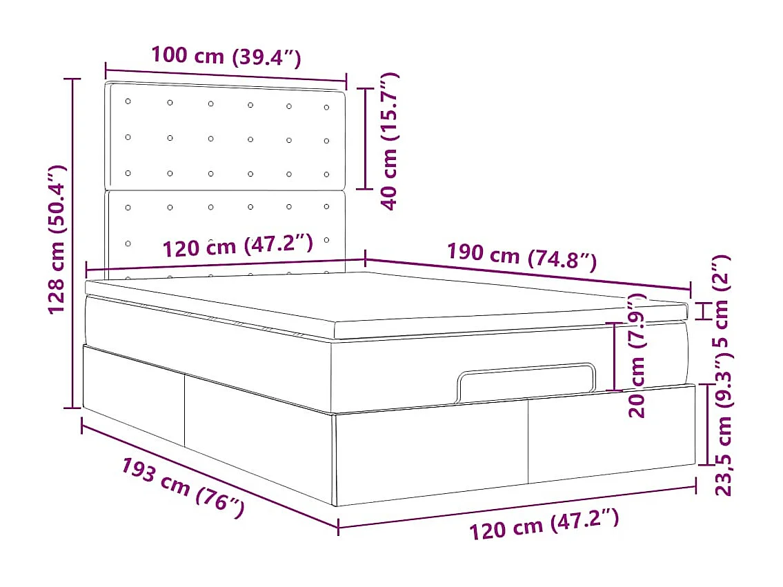 Cadre de lit ottoman avec matelas bleu foncé 120x190 cm velours
