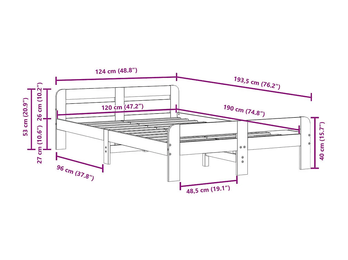 Letto senza Materasso Bianco 120x190 cm Legno Massello di Pino
