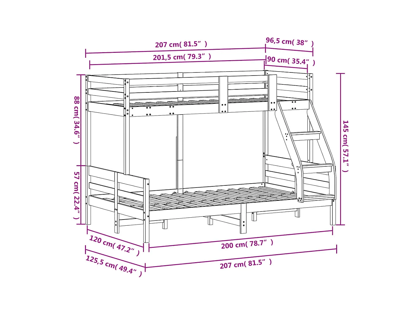 Etagenbett 90x200/120x200 cm Weiß Massivholz Kiefer