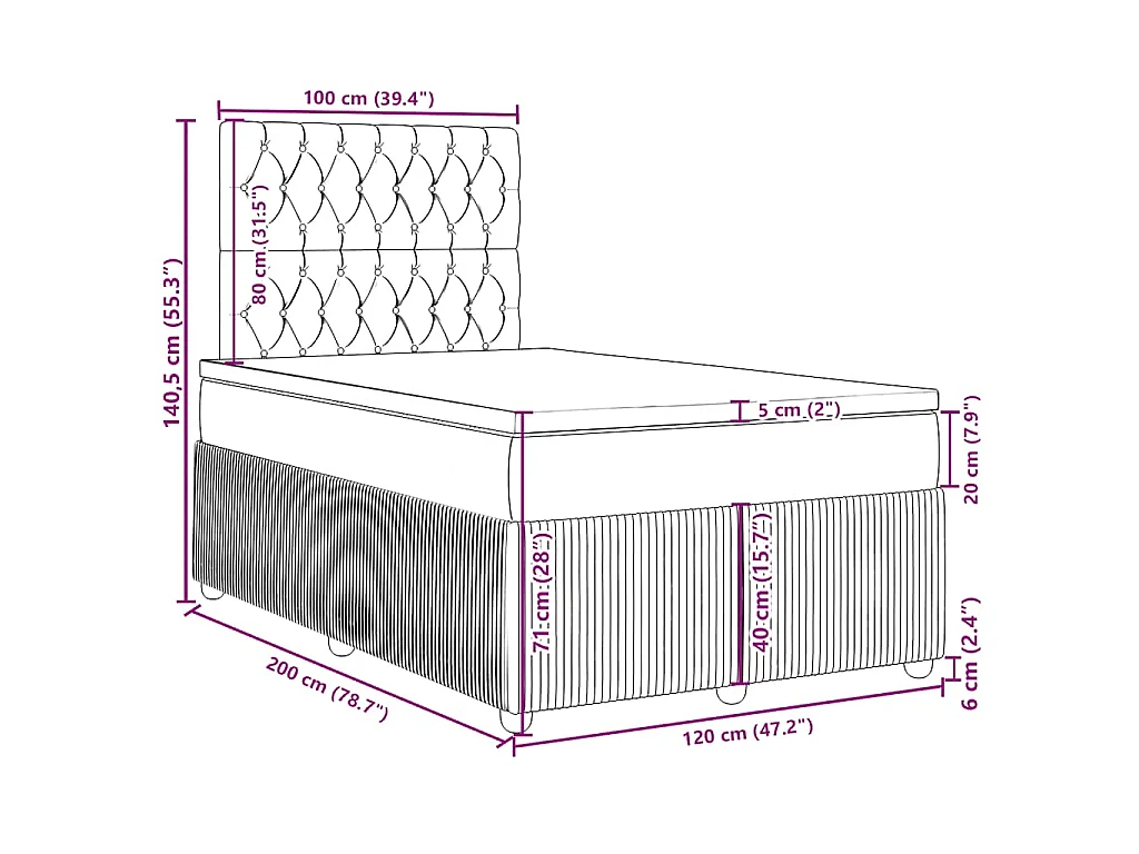 Cama box spring con colchón tela azul 120x200 cm
