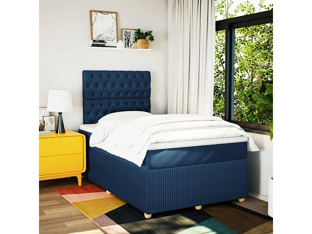 Cama box spring con colchón tela azul 120x200 cm