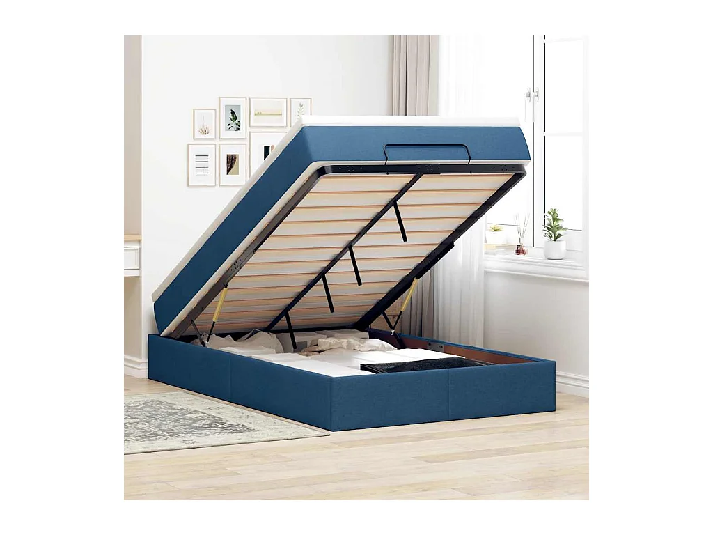 Cadre de lit ottoman avec matelas bleu 120x200 cm tissu