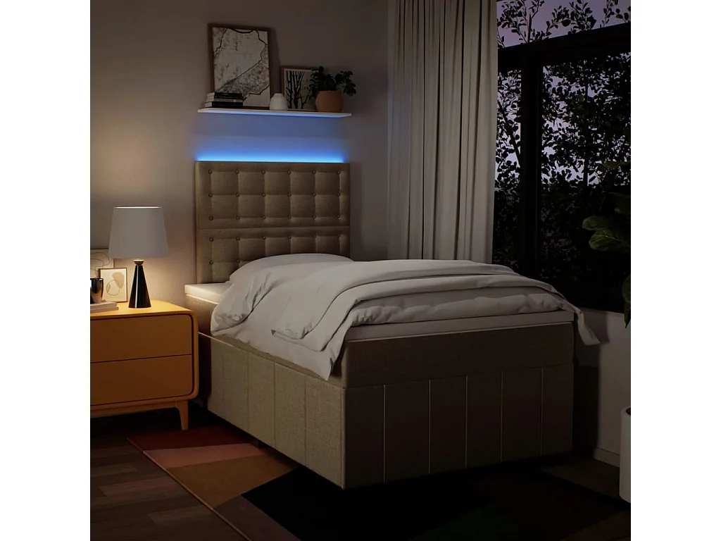 Cama box spring con colchón tela color crema 120x190 cm