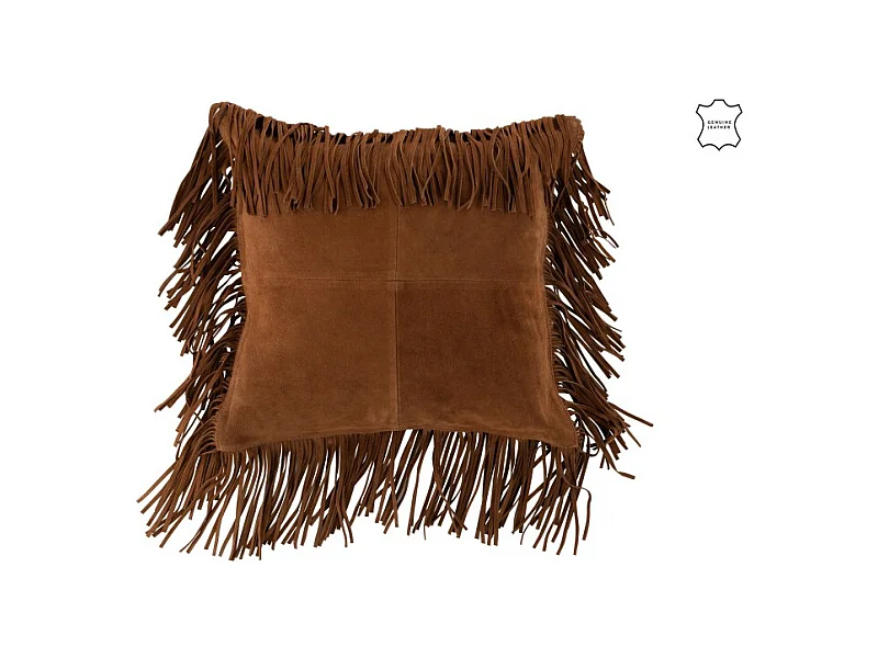 Cojín cuadrado con flecos de cuero coñac de 42x41cm