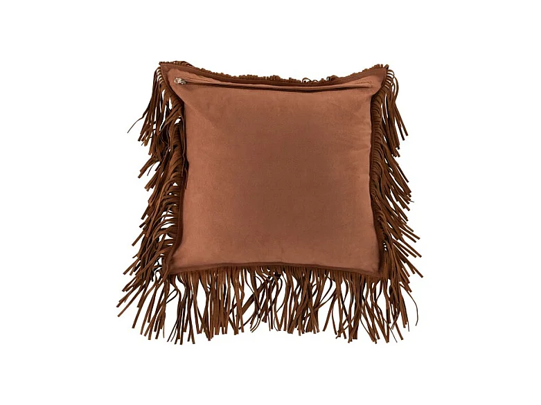 Cojín cuadrado con flecos de cuero coñac de 42x41cm