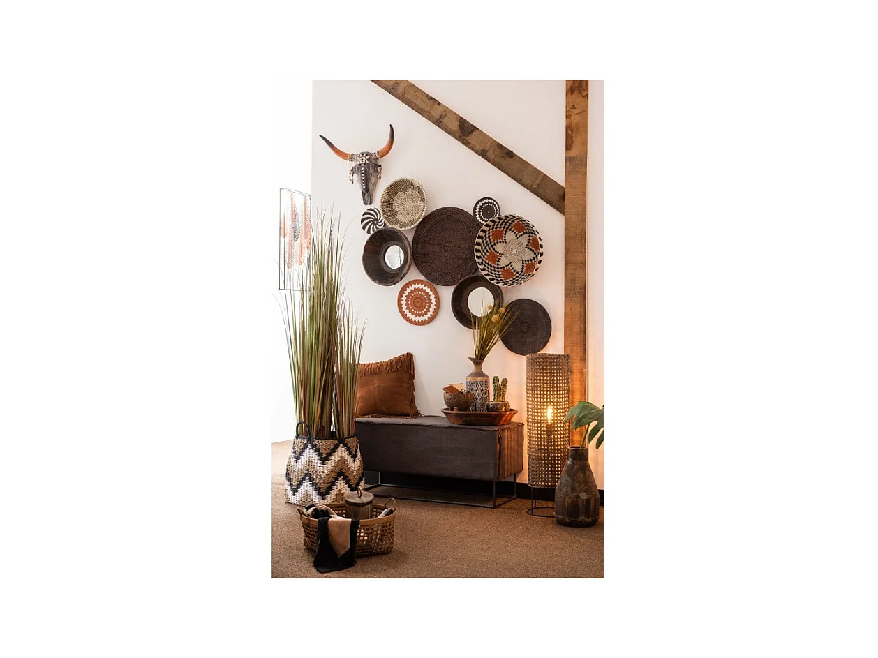 Cojín cuadrado con flecos de cuero coñac de 42x41cm