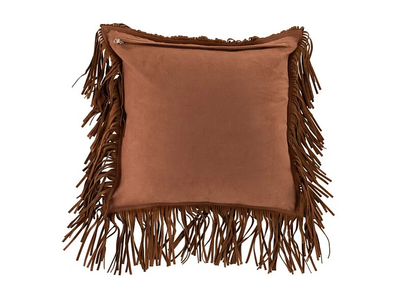 Cojín cuadrado con flecos de cuero coñac de 42x41cm
