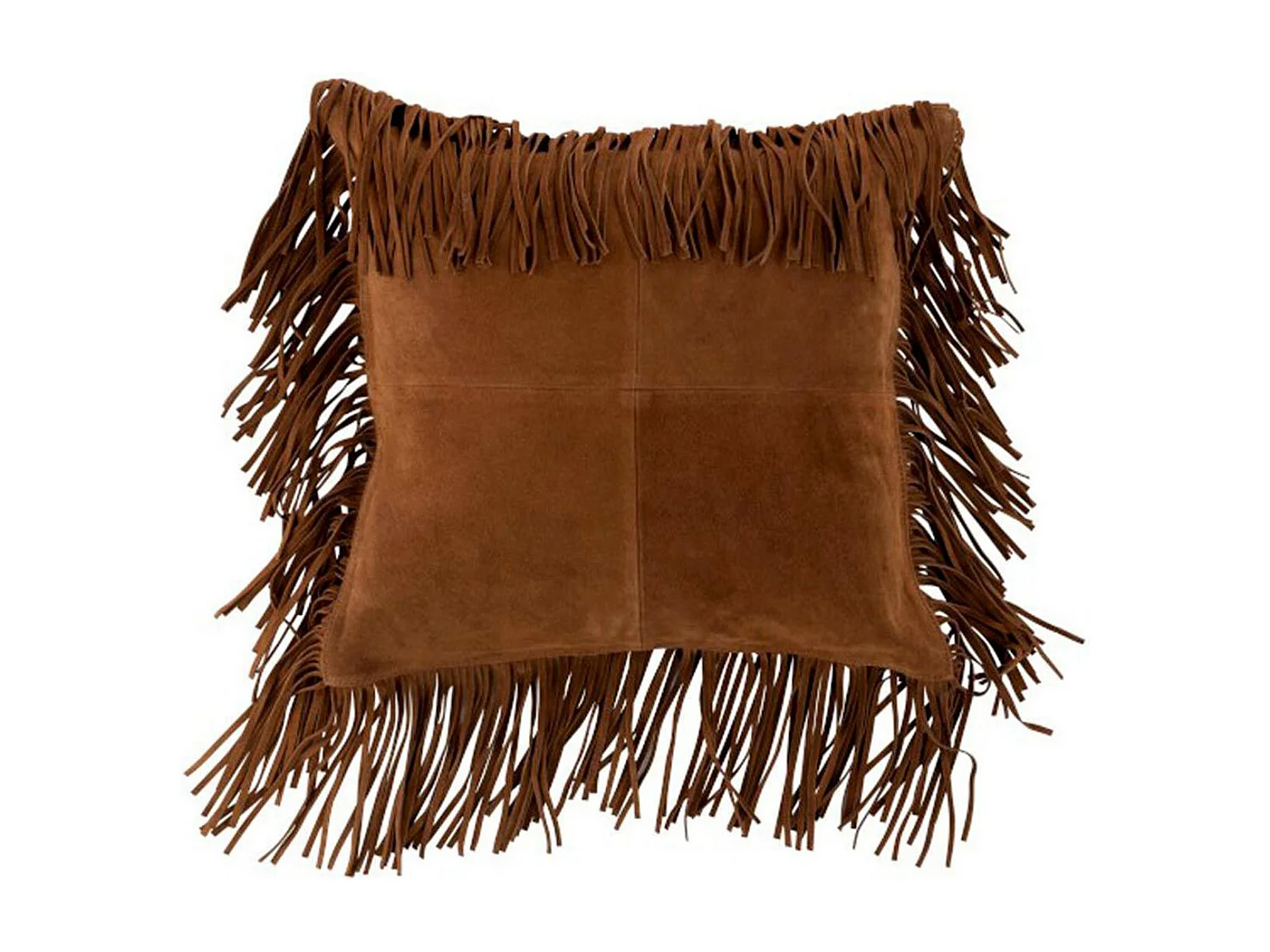 Cuscino quadrato con frange in pelle color cognac 42x41 cm