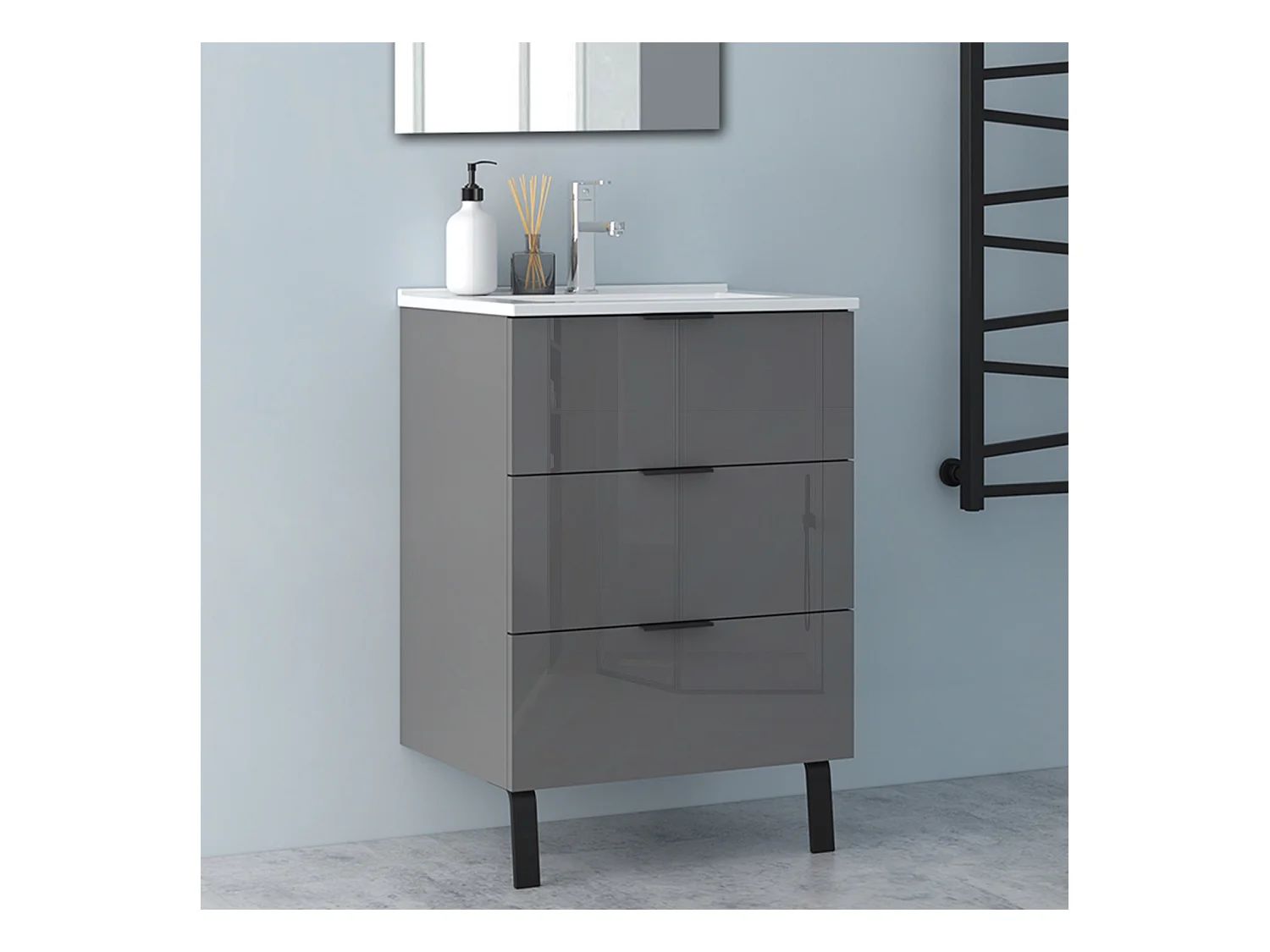 AICA Badmöbel 60cm Dünn Keramik Waschbecken mit Unterschrank - 3 Schubladen und 2 Füßen - Hochglanz Dunkelgrau Hängeschrank