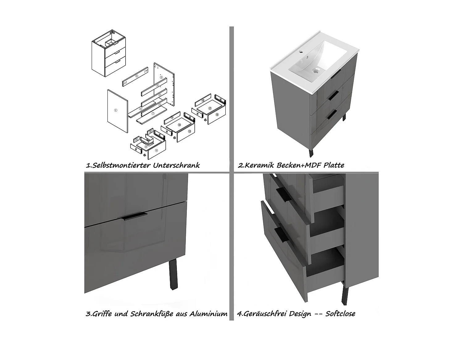 AICA Badmöbel 60cm Dünn Keramik Waschbecken mit Unterschrank - 3 Schubladen und 2 Füßen - Hochglanz Dunkelgrau Hängeschrank
