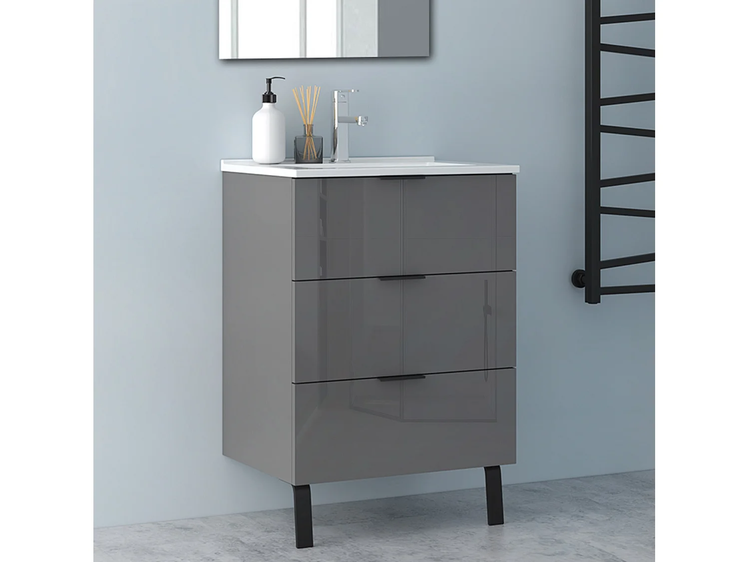 AICA Badmöbel 60cm Dünn Keramik Waschbecken mit Unterschrank - 3 Schubladen und 2 Füßen - Hochglanz Dunkelgrau Hängeschrank