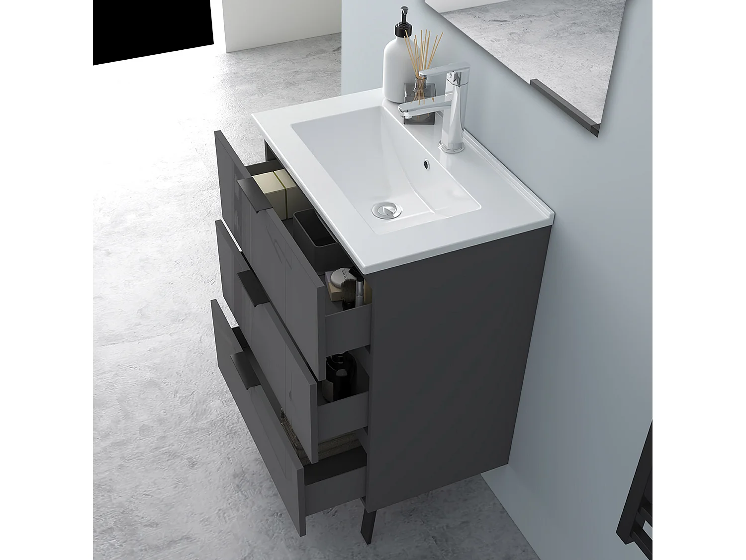 AICA Badmöbel 60cm Dünn Keramik Waschbecken mit Unterschrank - 3 Schubladen und 2 Füßen - Hochglanz Dunkelgrau Hängeschrank