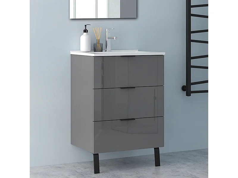AICA Badmöbel 60cm Dünn Keramik Waschbecken mit Unterschrank - 3 Schubladen und 2 Füßen - Hochglanz Dunkelgrau Hängeschrank
