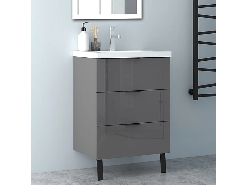 AICA Badmöbel 60cm Dickes Keramik Waschbecken mit Unterschrank - 3 Schubladen und 2 Füßen - Hochglanz Dunkelgrau Hängeschrank