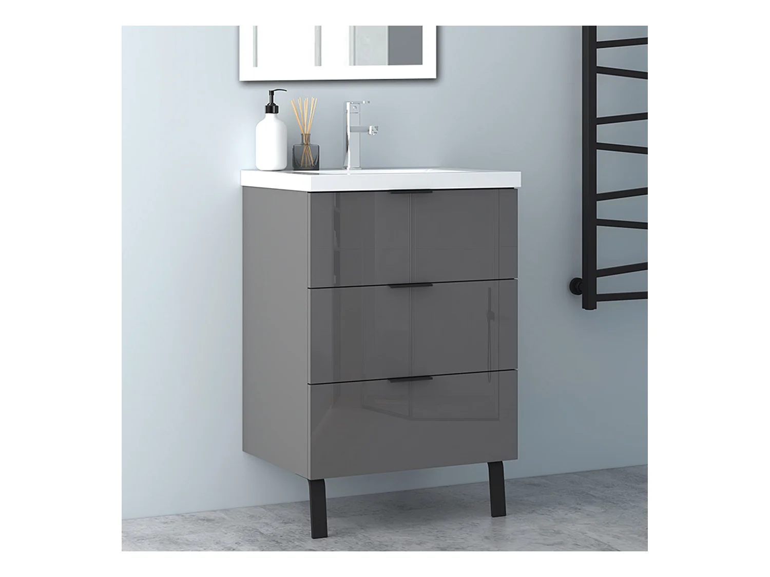 AICA Badmöbel 60cm Dickes Keramik Waschbecken mit Unterschrank - 3 Schubladen und 2 Füßen - Hochglanz Dunkelgrau Hängeschrank