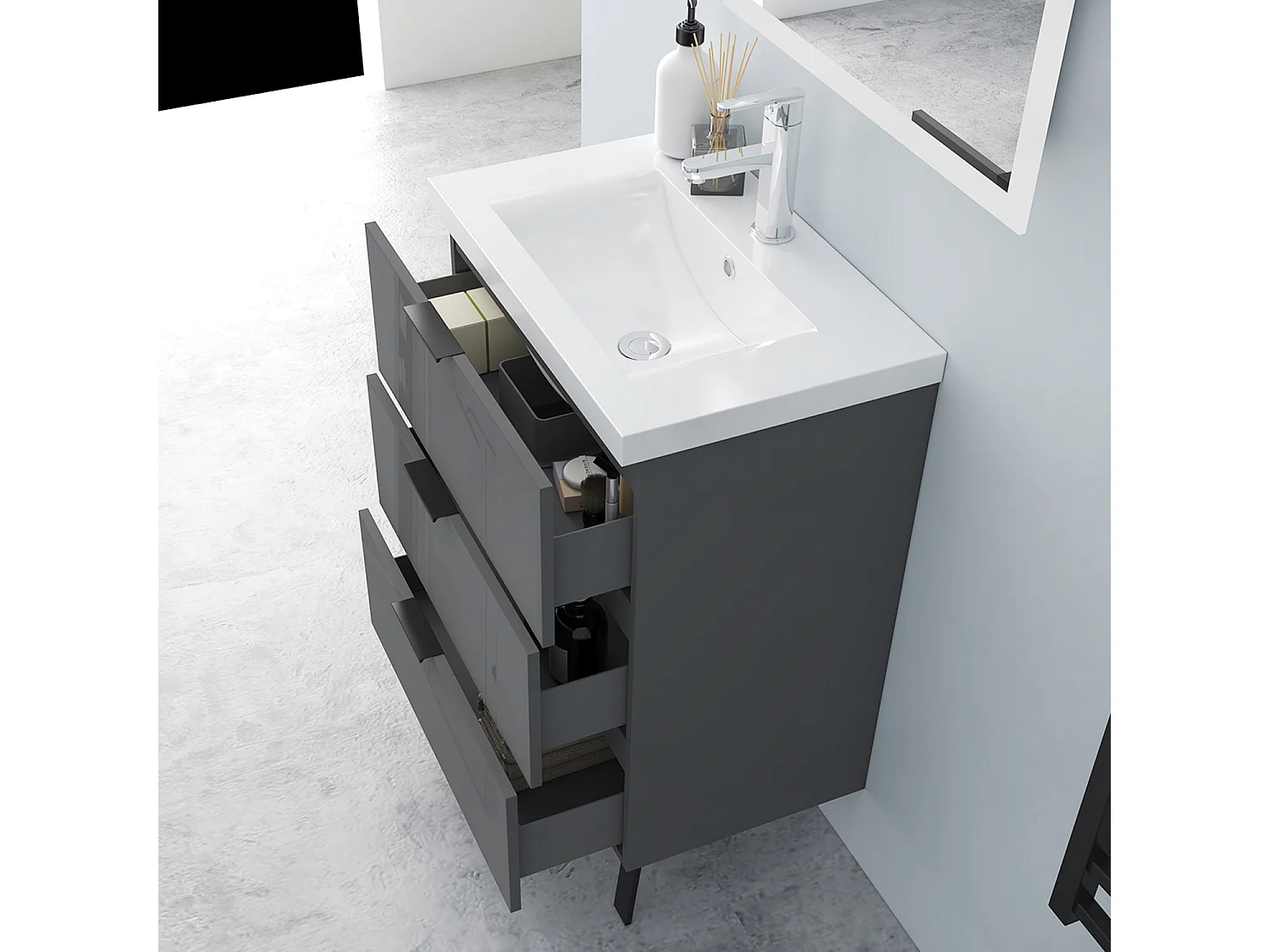 AICA Badmöbel 60cm Dickes Keramik Waschbecken mit Unterschrank - 3 Schubladen und 2 Füßen - Hochglanz Dunkelgrau Hängeschrank