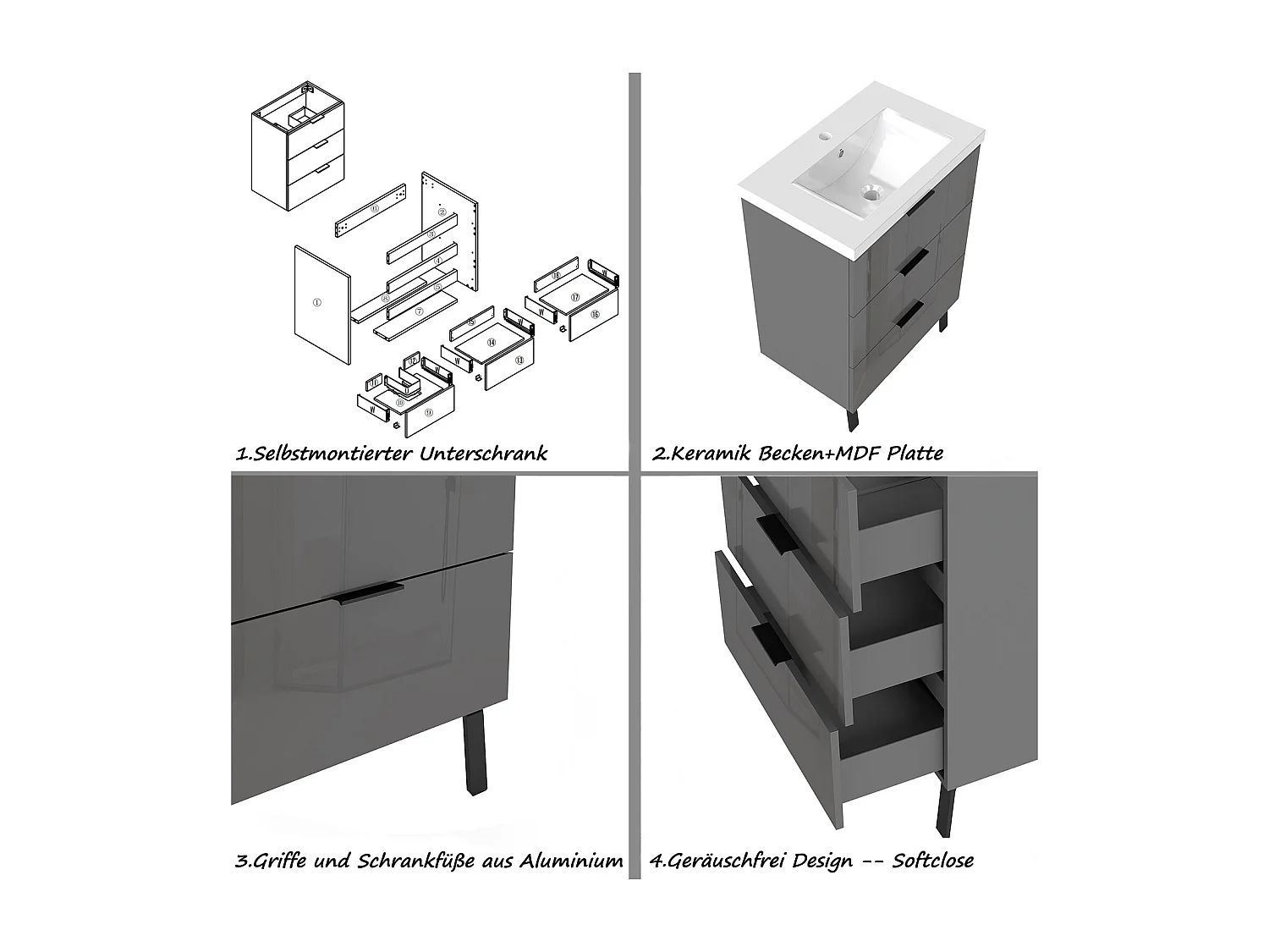 AICA Badmöbel 60cm Dickes Keramik Waschbecken mit Unterschrank - 3 Schubladen und 2 Füßen - Hochglanz Dunkelgrau Hängeschrank
