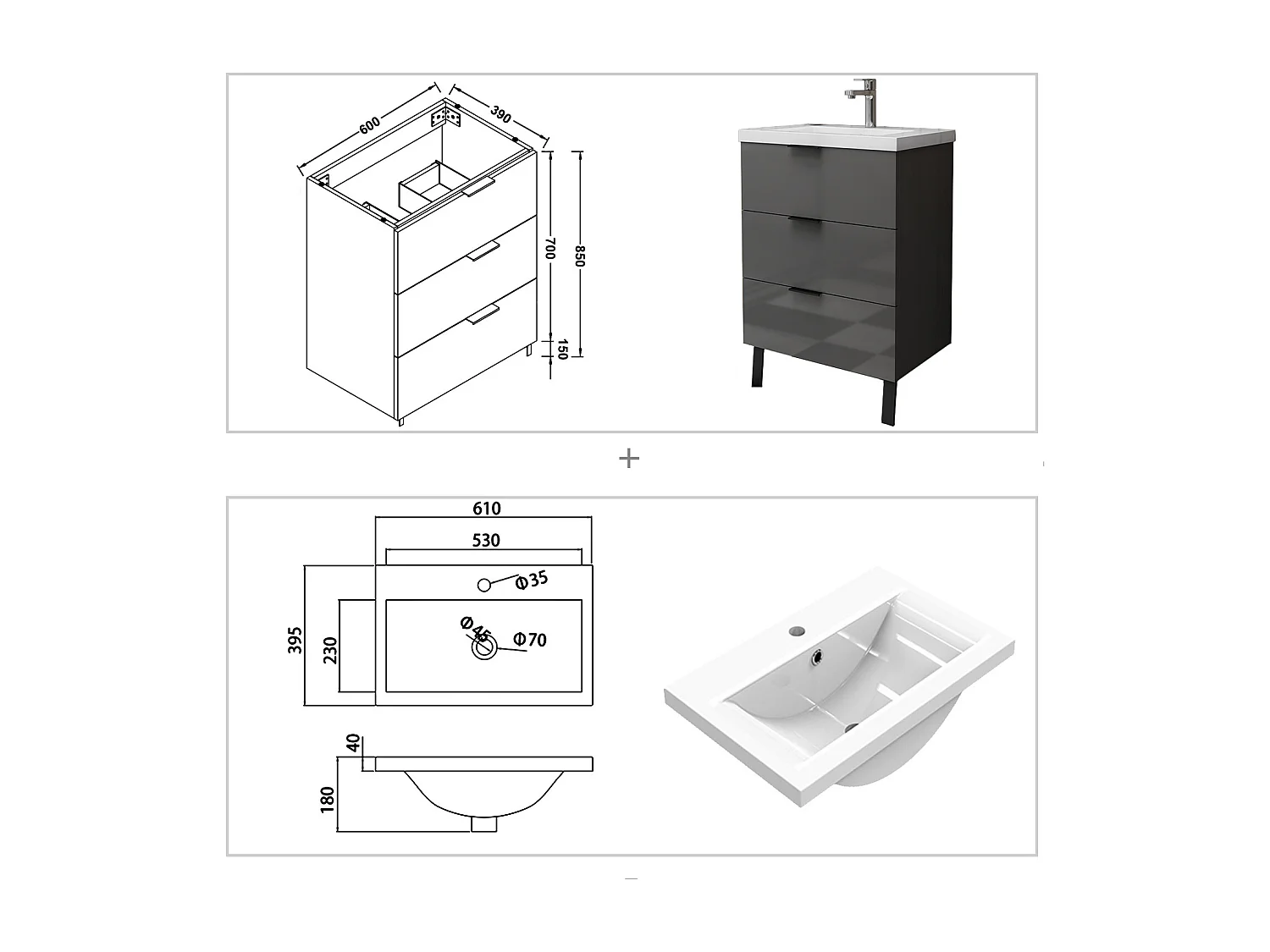 AICA Badmöbel 60cm Dickes Keramik Waschbecken mit Unterschrank - 3 Schubladen und 2 Füßen - Hochglanz Dunkelgrau Hängeschrank