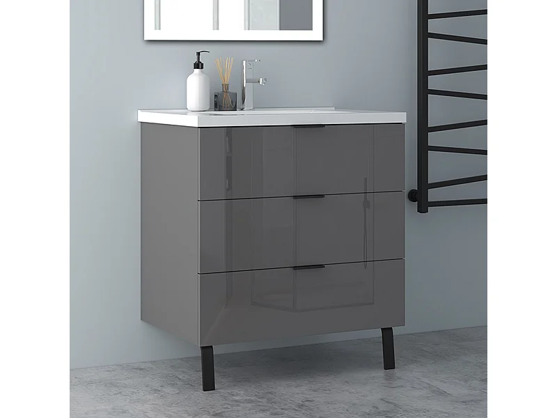 AICA Badmöbel 80cm Keramik Waschbecken mit Unterschrank - 3 Schubladen und 2 Füßen - Hochglanz Dunkelgrau Hängeschrank