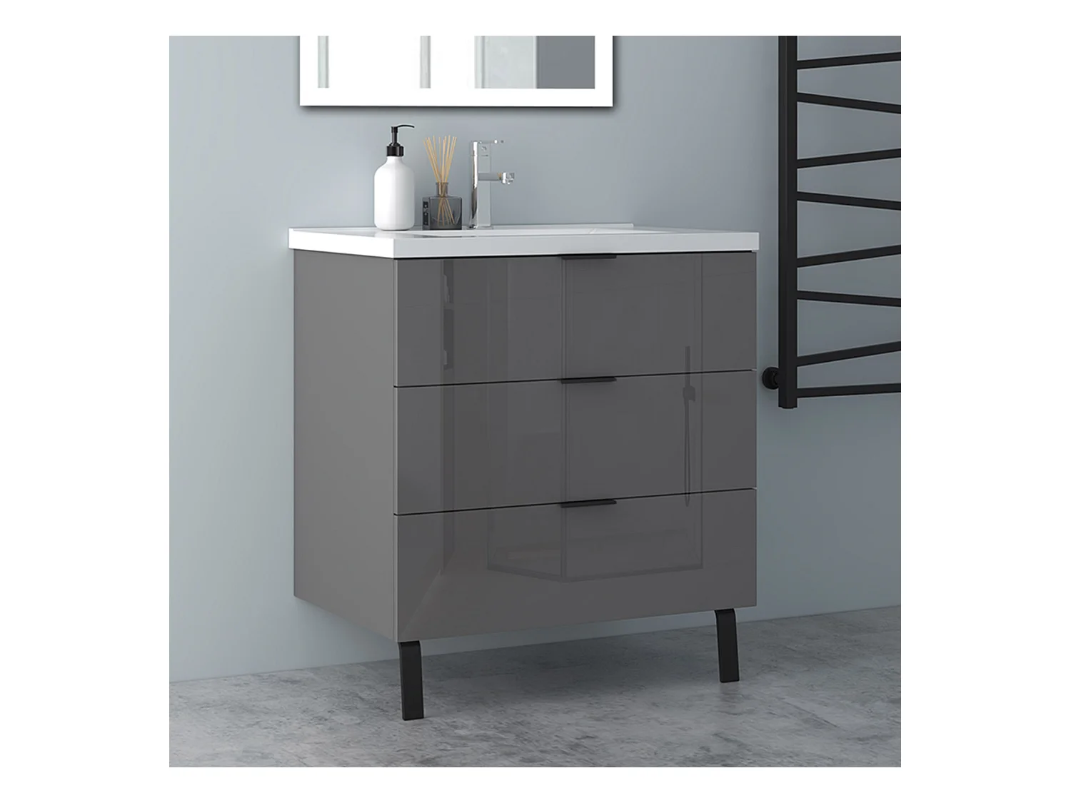 AICA Badmöbel 80cm Keramik Waschbecken mit Unterschrank - 3 Schubladen und 2 Füßen - Hochglanz Dunkelgrau Hängeschrank