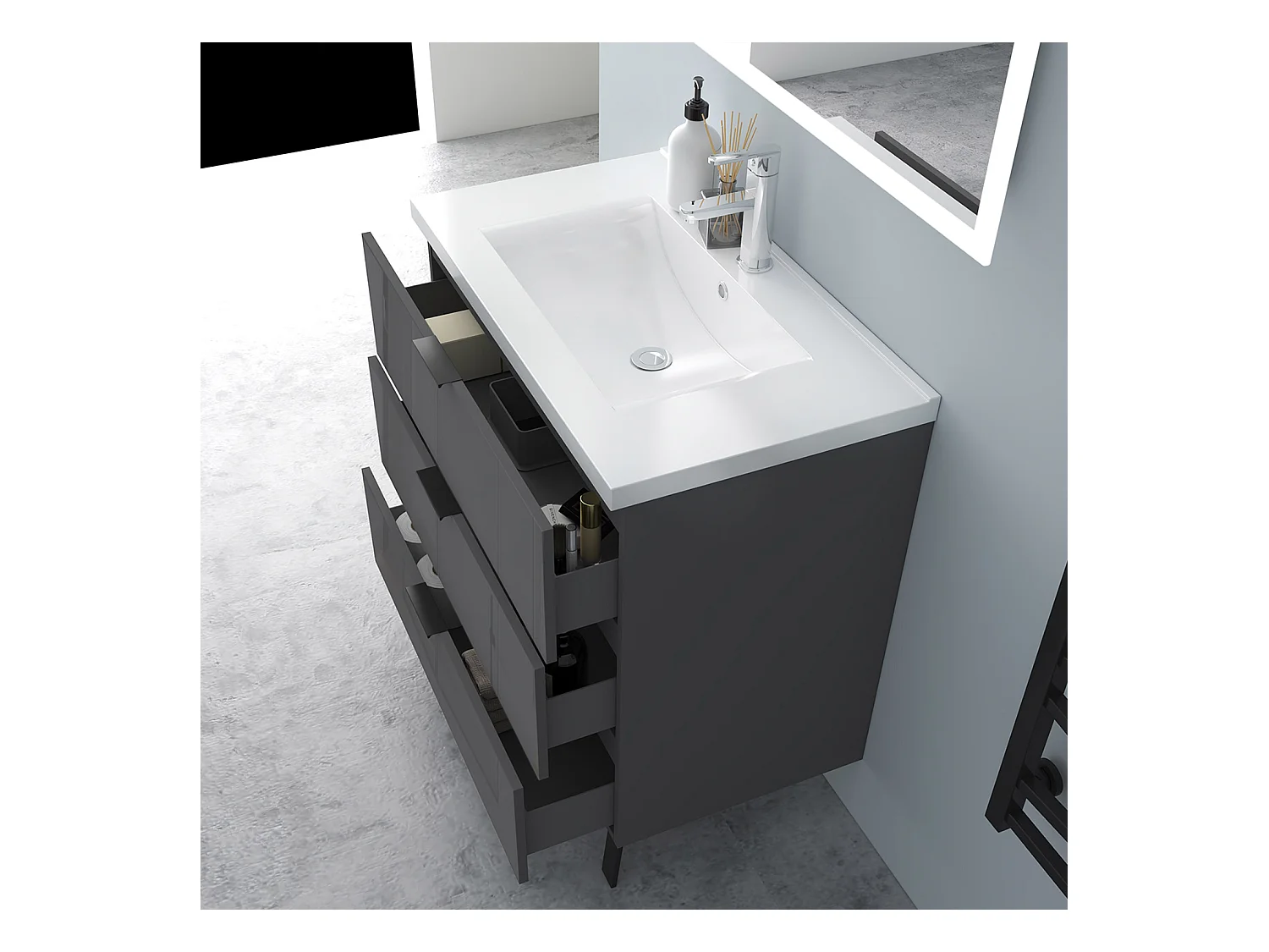 AICA Badmöbel 80cm Keramik Waschbecken mit Unterschrank - 3 Schubladen und 2 Füßen - Hochglanz Dunkelgrau Hängeschrank