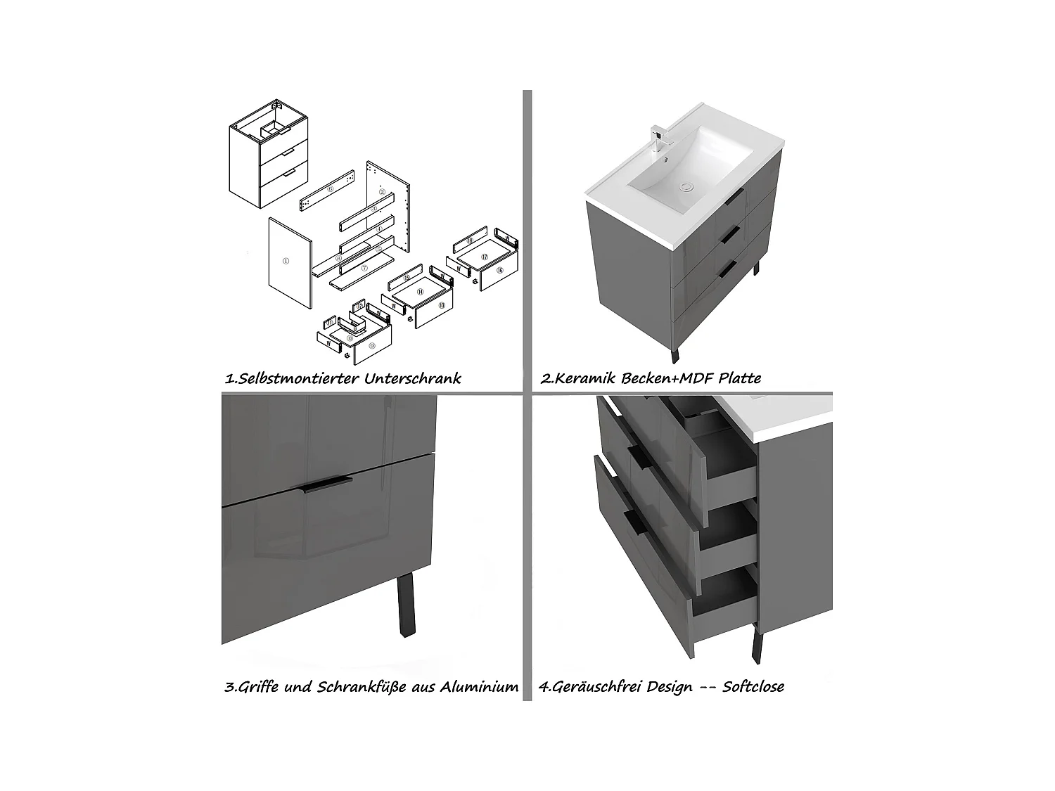 AICA Badmöbel 80cm Keramik Waschbecken mit Unterschrank - 3 Schubladen und 2 Füßen - Hochglanz Dunkelgrau Hängeschrank